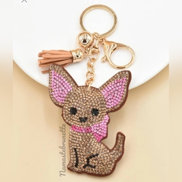 Chihuahua Dog Crystal Rhinestone Keychain Bag Charm With Tan Tassel - Picture 16 of 17